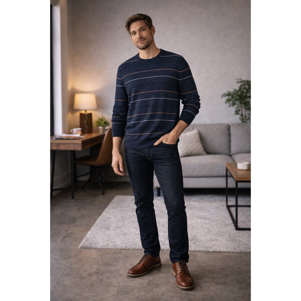 Banana Republic Merino Wool Sweater Men Large Blue Striped Crewneck Coastal Prep